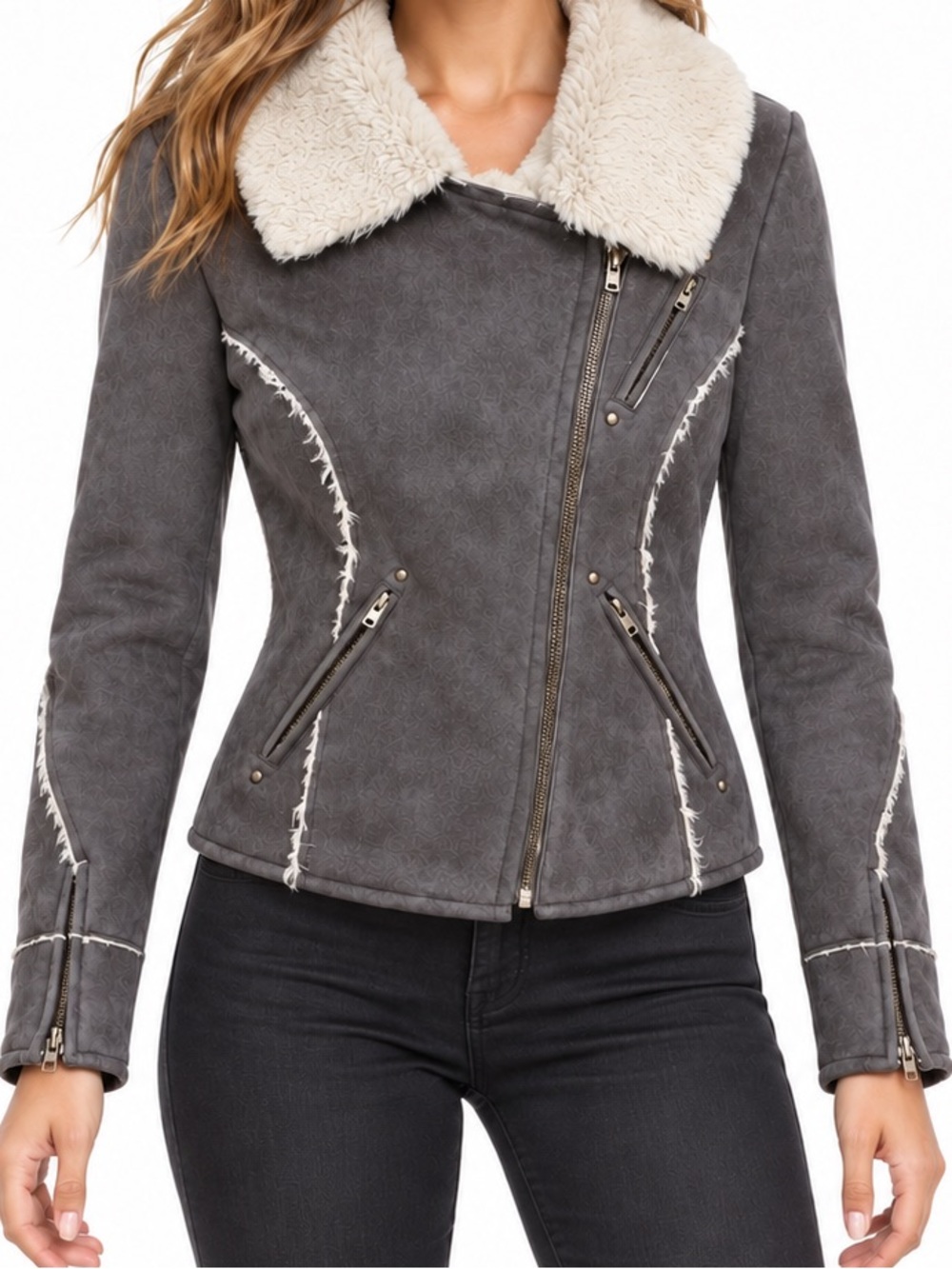 Express Moto Jacket gray cream sherling size S
